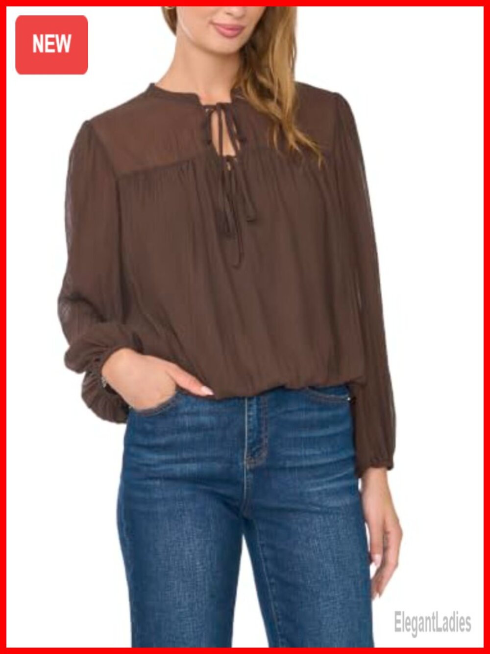 Vince Camuto Long Sleeve Split-Neck Two-Tie Bubble Hem Top